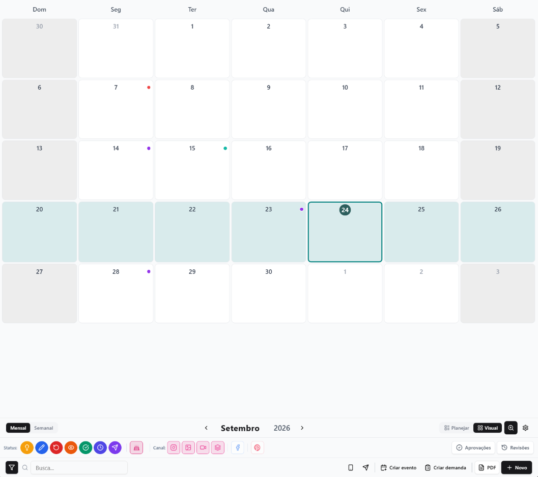 ArqSuite — Postagens: Planeje o conteúdo e acompanhe o calendário de publicações. Dados fictícios de demonstração.